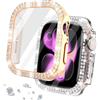 DEALELE Confezione da 2 custodie in vetro temperato compatibile con Apple Watch Series 10 (42 mm), custodia protettiva a doppia fila con diamanti e pellicola protettiva (42 mm, oro rosa + trasparente)