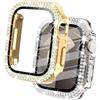 DEALELE Confezione da 2 custodie in vetro temperato compatibile con Apple Watch Series 6/5/4/SE (44 mm), custodia protettiva a doppia fila con diamanti e pellicola protettiva (44 mm, oro+trasparente)