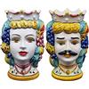 sicilia bedda - Coppia Teste di Moro SICILIANE in Ceramica di CALTAGIRONE - Realizzate a Mano - H Centimetri 18 - Elegante Complemento d'Arredo (Corona Rossa)