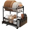 LANTUS Scolapiatti Bianco,Colapiatti 2 Ripiani,in acciaio inox,Scolapiatti Compatto,Scolapiatti da Appoggio per lavello,con porta utensili,portabicchieri,36 * 26 * 37,5 cm - Nero