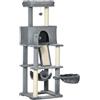 PawHut Albero Tiragraffi per Gatti Adulti e Gattini 48x48x140cm Grigio | Pali in Sisal, Casetta, Lettino, Amache in Peluche