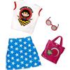Barbie Clothes: Wonder Woman Outfit Doll with Graphic Top, Star-Print Skirt, Purse and Sunglasses, Gift for 3 to 8 Year Olds