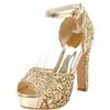 Lroey Reoly Sandali con Tacco Alto Donna, Sandali Peep Toe Eleganti Tacco a Blocco Scarpe da Festa con Plateau Fibbia con Cinturino Alla Caviglia Brillantini 096 Oro Numero 35 EU