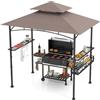 HOMASIS Gazebo per Barbecue con Tettoia Laterale, Pergolato da Giardino con Doppio Tetto, 2 Tavoli e Ganci, Pergola Addossata per Esterno, Gazebo per griglia/BBQ (Marrone, 242 x 153 x 250 cm)