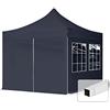 TOOLPORT Gazebo Pieghevole Giardino 3x3m - 4 Laterali (con finestre) Telo 700N Poliestere Idrorepellente Padiglione Mercati Sagre Nero
