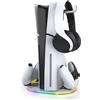 Generico Supporto verticale per PS5 Slim con illuminazione a LED RGB, stazione di base a LED con doppio controller e caricatore rapido, supporto per gancio eafono per Playstation 5 Slim (Bianco)
