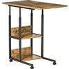 HOMCOM Tavolino da Salotto a C Stile Industriale, Comodino di Design Altezza Regolabile, 3 Ripiani e 4 Ruote con Freno, Marrone Rustico