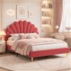 JiaOyu Letto imbottito140x200cm, Struttura letto singolo per bambina con testiera floreale e rete a doghe, letto matrimoniale in velluto a forma di conchiglia con gambe in ferro dorato, senza materasso