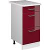 Vicco Mobiletto base per cucina R-Line, Rosso lucido, 40 cm | 3 Cassetti · Piano di lavoro incl. · Piedini regolabili in altezza · ✓ Facile accesso · ✓ Liberamente combinabile