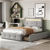 Rtopsu Letto Imbottito Letto Singolo 90x200 cm con Illuminazione a LED, Letti per Ragazzi con 2 Cassetti a Contenitore, Letti per Bambini con Telaio a Doghe in Legno, Lino, Grigio, Senza Materasso