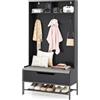 HOMASIS 4 in 1 Stand Appendiabiti da Terra, Mobile Ingresso con Scarpiera, Cassetto, Panca per Scarpe, 2 Scomparti e 3 Ganci, Armadio Aperto da Corridoio, Camera da Letto, 90 x 39 x 170 cm (Nero)