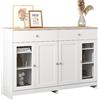 Azkoeesy Credenza 120x37x80 cm, 2 Cassetti e Ante in Vetro, Bianco - Effetto Legno con Maniglie Argentate, Mobile Multiuso, Cassettiera per Soggiorno, Cucina e Sala da Pranzo