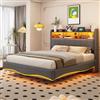 KUAKE Letto matrimoniale imbottito 140x200, letto contenitore multifunzionale con luce LED, interfaccia USB e Type-C, tessuto di lino (grigio, 140x200cm)