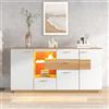 Azkoeesy Mobile TV 160 cm con Illuminazione LED Integrata, Credenza Moderna 4 Cassetti e 2 Ante, Ripiani in Vetro, Bianco con Effetto Legno Naturale, Ideale per Soggiorno, Cucina e Sala da Pranzo