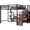 Azkoeesy Letto a soppalco multifunzione con scala, con mobile TV e presa, armadio, struttura in metallo stabile e ringhiera, per bambini e adulti, stile industriale, nero (140 x 200 cm)