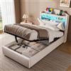 ZUUYEE Letto Singolo con Contenitore 90x200 cm, Letti Singoli con LED, USB e Type-C, Letto Contenitore Idraulico, Letto Bambini con Doghe, Lino, Beige, Senza Materasso