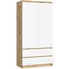 AKORD | Armadio STAR S | 90 cm Due Ante | 2 Cassetti con ripiani e Asta Appendiabiti | Mobiletto Cameretta Camera da Letto | Guardaroba | Pannello in laminato 16 mm | Rovere Artigianale | Bianco