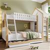 TOBIDOEN Letto a castello 90 x 200 e 140 x 200 cm, con scala e 2 cassetti, ripiani organizzati e reticole, recinzione irregolare, struttura del letto con rete a doghe, bianco + naturale, senza