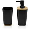 Inbagno Set Accessori Bagno in Finitura Nera Opaca con Dettagli in Bamboo, Completo di Dispenser Sapone Liquido e Porta spazzolini