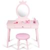 COSTWAY Toeletta Trucco per Bambina, Specchiera per Ragazzi in Legno Robusto, Postazione Trucco 2 in 1 Principessa con Cassetto, Sgabello e Specchio Staccabile, 70 x 34 x 100 cm (Rosa)