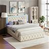 BLSYHDH Letto baule 140 x 200 con LED, letto imbottito LED idraulico con box e testiera doppia, imbottito letto con rete a doghe, flanella (Beige-A, 140 x 200)