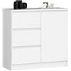 AKORD | Cassettiera K-80 JERRY con 3 Cassetti | Armadio Cameretta con 2 Ripiani e 1 Anta | Moderna Mobiletto per Soggiorno | Moderno | 80x77x35 cm | Bianco + Frontale Bianco