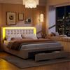 KEFSR Telaio Letto con LED, Testiera Imbottita 140 x 190 cm, Letto con Contenitore e Base a Doghe in Legno - Senza Bisogno di Box Spring (Beige Velluto(2), 140x190)