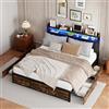 KeepGoon Letto matrimoniale 180 x 200 cm, cassetto con luce LED e letto notturno in poliuretano con telaio in ferro, testiera con spazio di archiviazione, letto per riporre oggetti, colore nero opaco