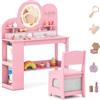 COSTWAY Toeletta per Bambini con Luci, Set Tavolo da Trucco Principessa e Sedia con 2 Cassetti e Libreria a 2 Ripiani, 3 Ganci e 2 Mensole Aperte per Bambini da 3+ Anni (Rosa)
