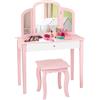 COSTWAY Toeletta Trucco per Bambina, Specchiera Trittica per Ragazza in Legno Robusto con Sgabello e Cassetto, Postazione Trucco 2 in 1 per Cameretta e Cmera da Letto, 95x70x34cm(Rosa)