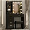 Saimeihome Toeletta Trucco con Specchio e Luci e Sgabello, Toeletta Nero con 6 Cassetti 6Ripiani, Luce Regolabile Postazione trucco per Camera da Letto 80x36x130 cm