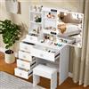 Teousev Toilette Trucco con Sgabello e Specchio, Toeletta Trucco con Luci, Postazione Trucco con 6 Cassetti, 6 Ripiani Aperti, Tavolo Trucco per La Camera Da Letto, 80X36X131cm, Bianco, JR391216