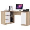 AKORD Scrivania ad Angolo B-20 | 3 cassetti, 2 Ripiani e un Ripiano con Anta | Scrivania | Scrivania ad angolo | Scrivania ad angolo per l'ufficio in casa | 155x77x85 | 60 kg Rovere Sonoma/Bianco