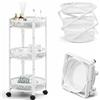 BAKAJI Carrello Pieghevole Salvaspazio Tondo a 3 Ripiani in Metallo, Carrellino Richiudibile Ergonomico Rotondo, Organizer 88 x 35 cm Ideale per Bagno, Cucina, Ufficio con 4 Ruote (Bianco)