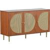 Goeria Credenza con 3 ante decorate in rattan, comò con maniglie in metallo, per camera da letto, ufficio, noce e soggiorno, 129,8 x 40 x 76 cm