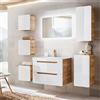 Lomadox Set di mobili da bagno con lavabo da 81 cm e specchio LED LUTON-56 bianco lucido con rovere Wotan Nb., L/A/P circa 180/200/46 cm