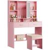 Devoko Toeletta da Trucco con Luci LED,Tavolo da Trucco con Sgabello, Postazione Trucco con Specchio,Scomparti Aperti, Ripiani Regolabili,Moderno,per Camera da Letto,Rosa