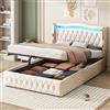 Ymkua Letto Imbottito Letto Matrimoniale 140x200cm, Letto con Contenitore, Letto con LED Illuminazione, Idraulica Struttura Letto con Testata e Rete a Doghe in Legno, Samt, Beige, Senza Materass