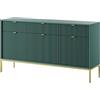 3E 3xE living.com Cassettiera: 3 cassetti, 3 ante, Verde, oro, 154 x 83 x 39 cm, maniglie dorate