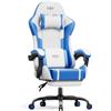 HLFURNIEU Sedia Gaming Massaggiante, Sedia Gamer con Poggiapiedi e Cuscino Lombare Massaggiante, Poltrona Gaming Regolabile in altezza, Schienale Regolabile 90°-135°, Portata 150kg (Bianco e Blu)