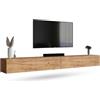 Planetmöbel Mobile TV West, porta TV lungo 280 cm, mobiletto TV sospeso o da appoggio, mobile TV per soggiorno, 2X mobile porta TV 37,8 x 140 x 30 cm, rovere dorato