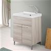 Inbagno Mobile lavatoio Lavanderia 60x50 Rovere Grigio, in Legno con Vasca lavapanni in Ceramica, 2 Ante e Kit di Scarico Incluso