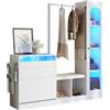 boorbin Set appendiabiti 6 in 1, con combinazione di ingresso, bianco, con asta, scarpiera e scarpiera pieghevole, vetrina in vetro, con luce LED, armadio compatto per corridoio, soggiorno, ingresso