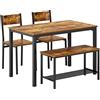 SogesHome Set di Tavolo da Pranzo 4 Pezzi - Tavolo, 2 Sedie e Panchina Con Ripiano in Legno e Struttura in Acciaio per Sala da Pranzo, Cucina