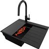 PRIMAGRAN Lavandino da Cucina Tutto Nero 62x50cm, Lavello in Granito a 1 vasca + Rubinetto 40x20cm + Set di accessori, Lavabo da Cucina Incasso al Mobile 40cm - Sydney Ergo S095