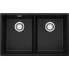 PRIMAGRAN Lavello sottotop Nero 76x47cm, Lavandino in Granito a 2 vasche + Sifone Classico, Lavabo da Cucina al Mobile 80cm - London Twin S001