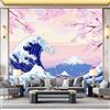 Generic Carta da parati 200 x 140 cm Fotomurali in Onde Fiori di Ciliegio Stile Giapponese Murale alla moda Decorazione da Muro Poster Gigante Design Carta per pareti Murale Soggiorno Camera Da Letto Blu Rosa