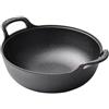BlesConi Wok in ghisa con due manici, antiaderente e facile da pulire, include coperchio in legno per una migliore esperienza di cottura (A)