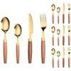 Royal Shang Youpin Unico Manico in Legno Da Cucina in Acciaio Inox Posate Posate Posate Set Coltello Da Bistecca Forchetta Cucchiaio Cucchiaino (Oro,16 pezzi)