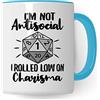 Pagma Druck DnD Roleplay - Tazza I'm not Antisocial - I rolled low on Charisma Spruch, regalo di ruolo, scritta D20 Dice, Pen & Paper Tabletop D20, motivo cubo, idea regalo (bianco e blu)